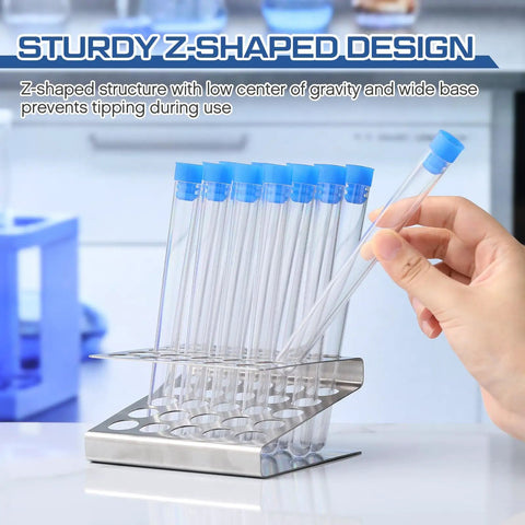 Z Shaped 25 Hole Stainless Steel Test Tube Rack For 16mm Tubes 5 By 5 Holder with test tubes shown in a lab setting.