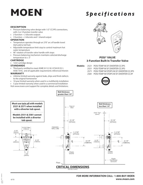Specification sheet for Posi-Temp Pressure Balancing Valve With Built-In Two-Function Transfer Valve, technical diagrams included.