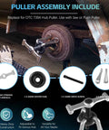 Heavy Duty Universal Hub Puller Boasting Hella Tough Adjustable Sliding Arms For No Sweat Wheel Hub Extraction and Smooth Brake Drum Removal On Any Daily Driver displayed with various attachments.