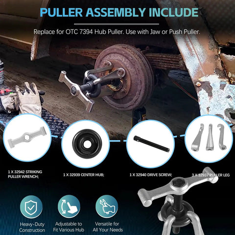 Heavy Duty Universal Hub Puller Boasting Hella Tough Adjustable Sliding Arms For No Sweat Wheel Hub Extraction and Smooth Brake Drum Removal On Any Daily Driver displayed with various attachments.