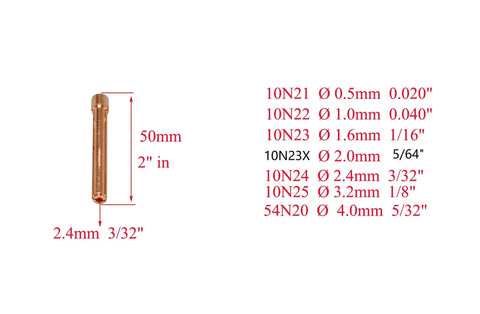 Pro TIG Gas Lens Collet Bodies Kit with 2.4mm 3/32 inch size and 50mm length; for SR WP 17 18 26 TIG Welding Torch 9pc Set