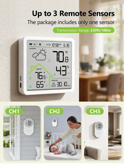 Rechargeable Weather Station With Wireless Indoor Outdoor Thermometer And Atomic Clock With WWVB, 4.3 Inch Backlit Display