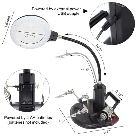 Pro Grade Magnifier Work Station With 16 LED Lights For Soldering And Welding 2.5X And 4X Magnification USB Rechargeable details view