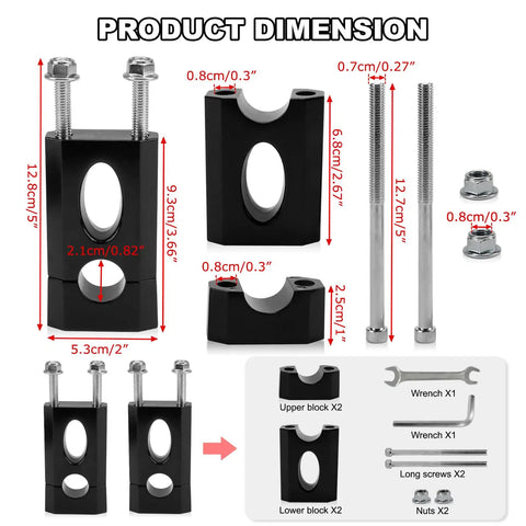 7/8 Inch Handlebar Risers Clamp For Dirt Bikes And Mini Bikes 22mm Mount, black aluminum, product dimensions and components overview
