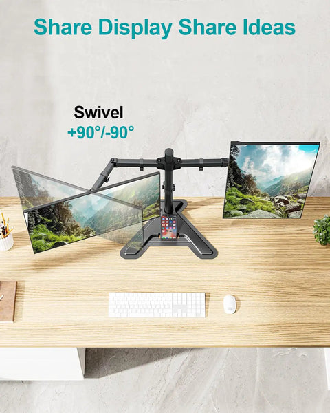 Top view of Dual Monitor Stand For 13 To 27 Inch Screens, Free Standing Full Motion Desk Mount with two monitors on a wooden desk