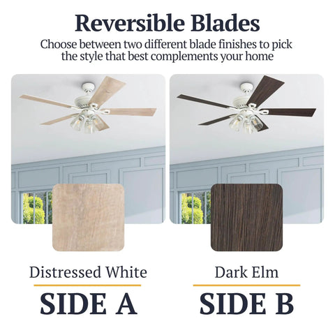 52 Inch Farmhouse LED Ceiling Fan With Light, Dual Finish Distressed White and Oil Rubbed Bronze Barn Wood Blades, Reversible Motor