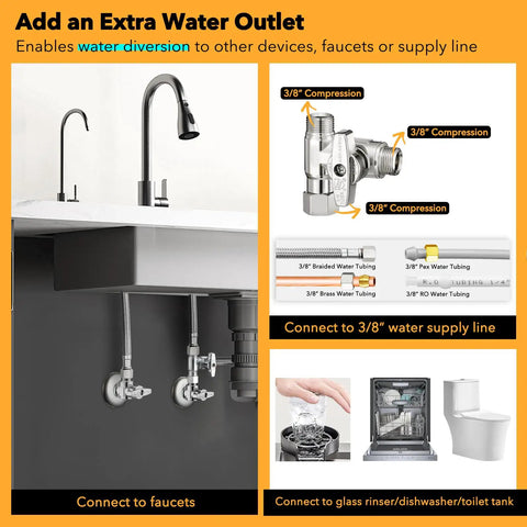 Three Eighths Inch Brass Compression Angle Stop Valve With Tee Connector For Water Supply Lines Dishwasher And Commercial Sink Faucets No Nonsense Lead Free Chrome Finish Easy Install Pack Of One shown with installation uses