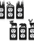 Six Pack Metal Bear Light Switch Covers With Moose Tree Mountain Elk Forest Designs, Rustic Woodland Wall Plate For Home
