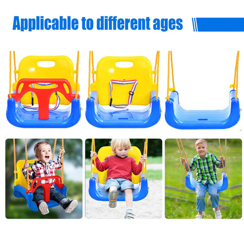 Three In One Convertible Kids Swing Seat With Detachable High Back Support shown in indoor and outdoor use with children
