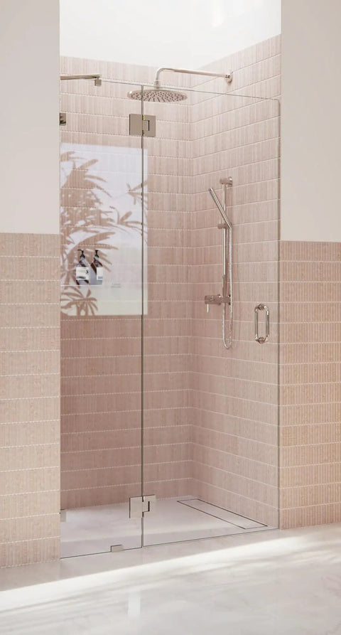 Frameless Shower Door Hinge With EnduroShield Glass Coating, Polished Brass Finish, 78 In By 43.75 In, Heavy-Duty Glass Enclosure Hardware for a Sleek, Leak-Free Shower, shown on glass door