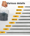 Yellow Wood Screws Set 300 Pieces Pro Grade Self Tapping Fasteners shown in various sizes with dual end locking design