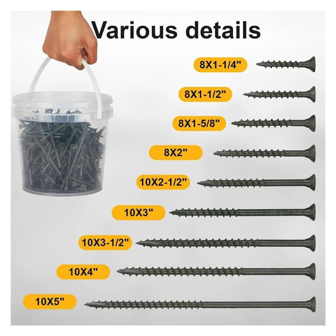 Yellow Wood Screws Set 300 Pieces Pro Grade Self Tapping Fasteners shown in various sizes with dual end locking design