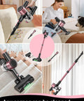 Cordless Vacuum Cleaner 8 In 1 With Beastly 45KPa Suction in action, pink, cleaning pet hair and carpets, detachable parts shown