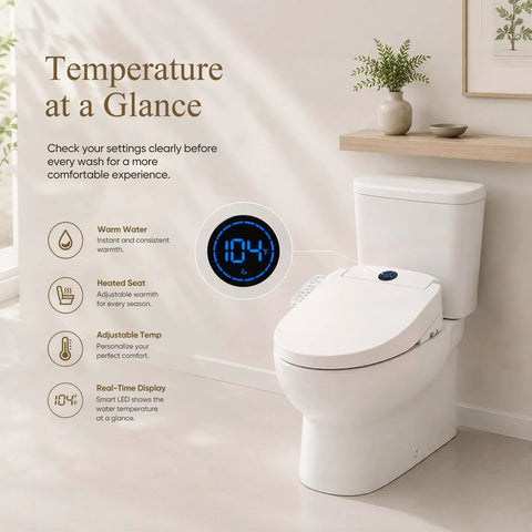 No Fuss Electric Bidet Toilet Seat For Elongated Toilets With Heated Seat And Instant Warm Air Dryer Featuring Adjustable Water Pressure And Dead Simple Side Controls displayed with digital temperature settings.
