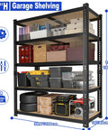 Beefy 78 Inch Heavy Duty Garage Storage Shelves With 2200 Lbs Capacity, Steel Shelving Unit For Basement, Warehouse, Pantry And Kitchen, 78 H X 40 W X 16 D Metal Shelves For Maximum Vertical Storage. 78in black steel shelving unit with stored bins, tires, and boxes