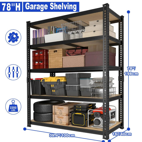 Beefy 78 Inch Heavy Duty Garage Storage Shelves With 2200 Lbs Capacity, Steel Shelving Unit For Basement, Warehouse, Pantry And Kitchen, 78 H X 40 W X 16 D Metal Shelves For Maximum Vertical Storage. 78in black steel shelving unit with stored bins, tires, and boxes