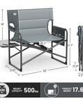 Beefy Heavy Duty XXL Director's Chair With Extra Wide 32 Inch Seat And 500 Lb Capacity, foldable design dimensions illustration.
