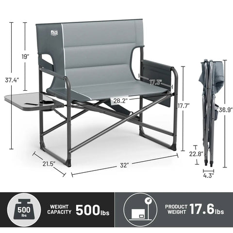 Beefy Heavy Duty XXL Director's Chair With Extra Wide 32 Inch Seat And 500 Lb Capacity, foldable design dimensions illustration.