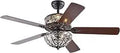 Matte Black Dual Lamp Crystal Chandelier With Remote Control, Five Wooden Blades, Upper And Lower Lighted Shades, Traditional Scroll Design, ETL Listed Ceiling Fixture With Two Color Blade Options.
