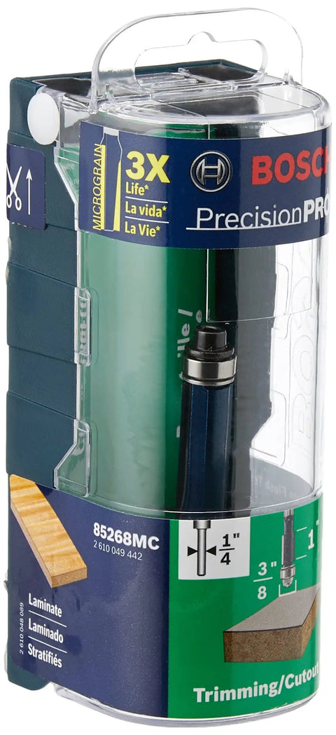 Packaging of Bosch 3/8-Inch Shank Double Flute Laminate Flush Trim Router Bit With Micrograin Carbide Tips For Smooth Finish, Fast Plunge Cutting, Low Vibration, Built To Last In Laminates.