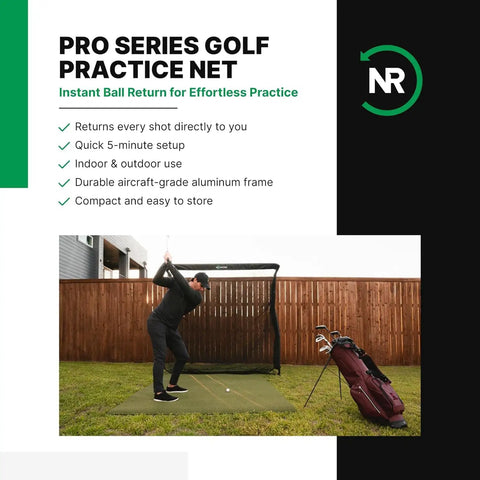 Golfer using Pro Series 9x9 Golf Net With Auto Ball Return in backyard, aluminum frame, easy setup, safe hit zone, consistent backstop.