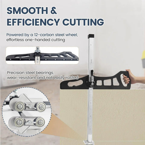 Foldable Drywall Cutter Featuring Adjustable Blade And Dual Scale Ruler With Laser Etched Markings For Quarter Or Three Eighths Inch Gypsum, showing smooth one-handed cutting with a steel wheel and precision bearings.