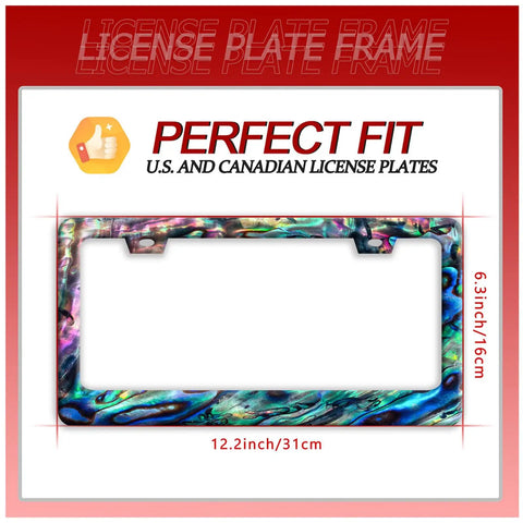 Iridescent Faux Abalone Shell License Frame Dope Seashell Look Stainless Steel Car Decor Two Hole Design With Screws Caps And Washers Fits Standard US Vehicles 12.2 X 6 Inch displayed with dimensions for US and Canadian plates.