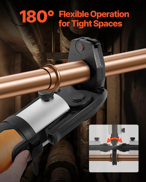 ProPress 5-Piece Pressing Kit with R8 Actuator pressing copper pipe at 180-degree rotation for tight spaces