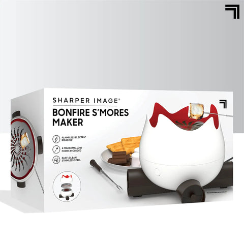 Sharper Image Bonfire S'mores Maker packaging showing Flameless Electric Marshmallow S'mores Maker With Four Forks, Indoor Safe Roaster
