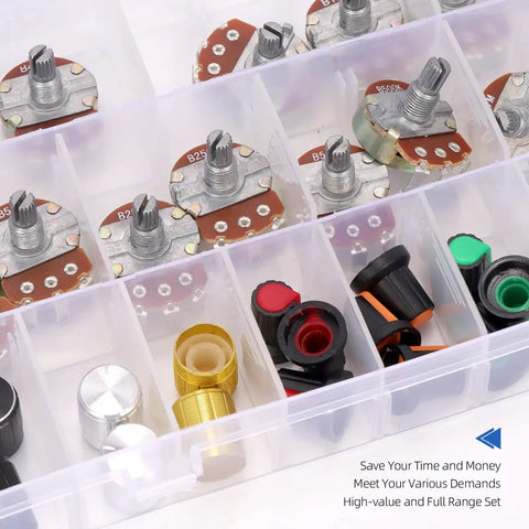 57 Piece WH138 Rotary Potentiometer Kit With B5K Through B1M Ohm Options, aluminum knobs and accessories in storage box