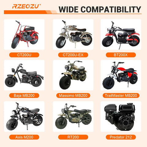 Image showing various mini bikes including Coleman CT200U, CT200U-EX, BT200X alongside Predator 212 Stage 2 Carburetor Kit engine.