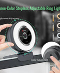 Flawless 1080p USB Webcam Featuring Built In Noise Reducing Mic And Tri Color Adjustable Ring Light with color adjustment feature.