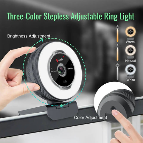 Flawless 1080p USB Webcam Featuring Built In Noise Reducing Mic And Tri Color Adjustable Ring Light with color adjustment feature.