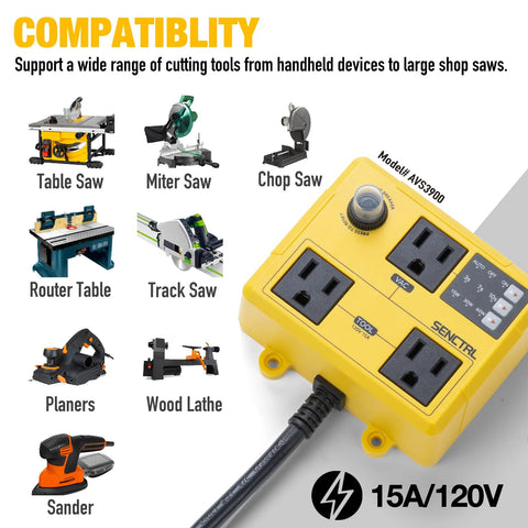 SENCTRL automatic vacuum switch for power tools, yellow dual-outlet unit with 15A/120V, dust collector control