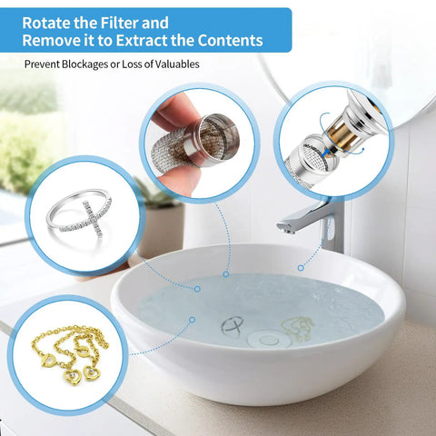 Image showing Rock Solid Two Pack Bathroom Sink Stopper and Pop Up Drain Strainer extracting jewelry from sink, fitted with clog proof filter.