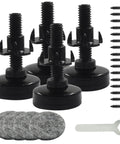 Legit Heavy Duty Adjustable Furniture Leveling Feet Four Pack with black nylon base, 3/8-16 UNC thread, screws, and felt pads.