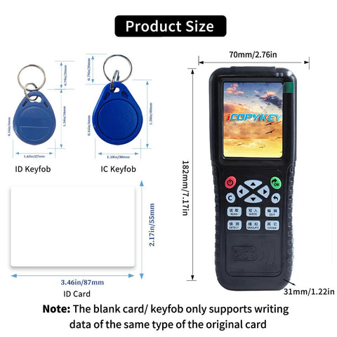 X100 RFID Reader Writer All In One Multi Frequency Copier for Access Control System with keyfobs and card dimensions