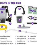 Heavy Duty Commercial Backpack Vacuum Corded With Adjustable Telescoping Wand Tool Kit Six Quart Capacity For Professional Janitorial And Facility Cleaning Gray Built Like A Tank, accessories in box view.