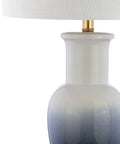 Close-up of Dip Dye Ceramic Table Lamp, 31.5 Inch Height, White Navy Blue Gradient, Room-Ready Living Room or Bedroom Light base and shade.