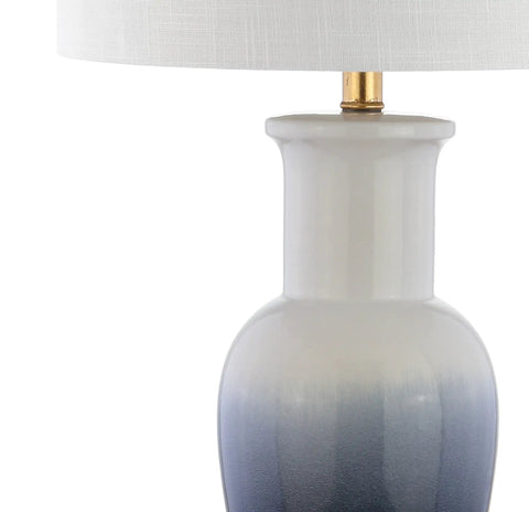 Close-up of Dip Dye Ceramic Table Lamp, 31.5 Inch Height, White Navy Blue Gradient, Room-Ready Living Room or Bedroom Light base and shade.