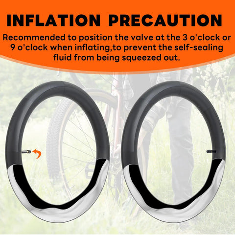 Two Pack 27.5 Inch Self Sealing Bicycle Inner Tubes With AV32mm Schrader Valve shown with inflation precaution