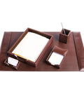 Bonded Leather Desk Set With Luxury Leather Desk Pad And Five Piece Organization Accessories In Dark Brown For A Boss Level Office Vibe