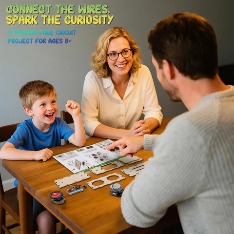 Family assembling Build Your Own Bluetooth Speaker Kit With LED Lights And Colored Pencils For STEM Learning Fun For Kids Ages 8 To 14.