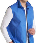 Man wearing blue EMF Shielding Workwear Vest With 50 Percent Silver Fabric For Radiation Protection, side view