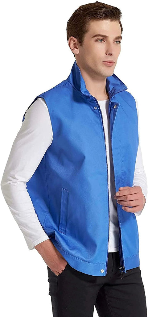 Man wearing blue EMF Shielding Workwear Vest With 50 Percent Silver Fabric For Radiation Protection, side view