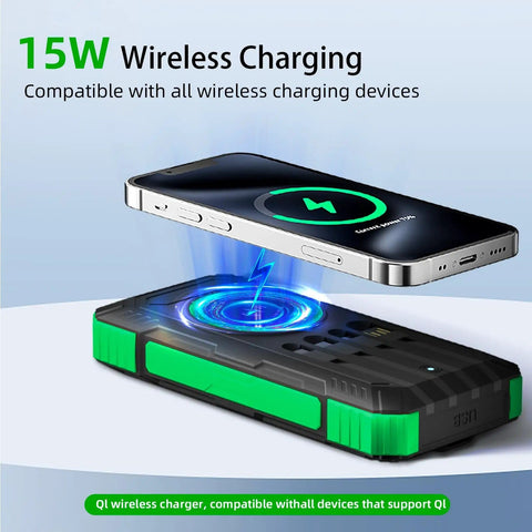 Beast 49800mAh Solar Power Bank with Wireless Charging 22W Fast Charge, showing phone being charged wirelessly on power bank