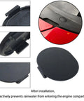 Close-up view of 2 Pack E01650796 Windshield Cowl Grille Screw Hole Cap Rubber Covers Black Plastic Shield designed for Mazda Miata MX5 Protege RX7 Ford Probe, showcasing installation on vehicle cowl grille area.