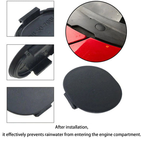 Close-up view of 2 Pack E01650796 Windshield Cowl Grille Screw Hole Cap Rubber Covers Black Plastic Shield designed for Mazda Miata MX5 Protege RX7 Ford Probe, showcasing installation on vehicle cowl grille area.