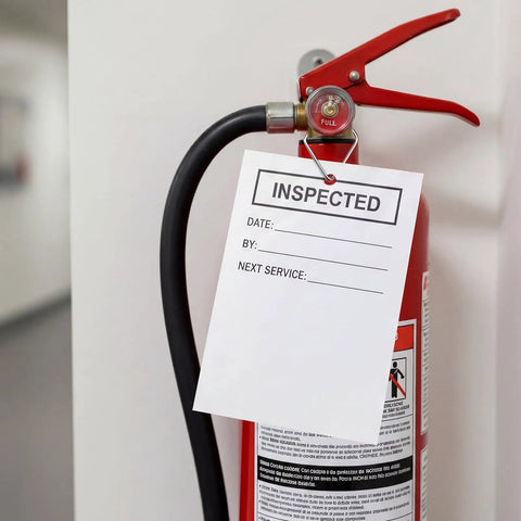 One Thousand Heavy Duty Bulk Diamond Tag Fasteners For Fire Extinguisher Inspection Tags With Secure Metal Clips holding inspection tag on extinguisher.