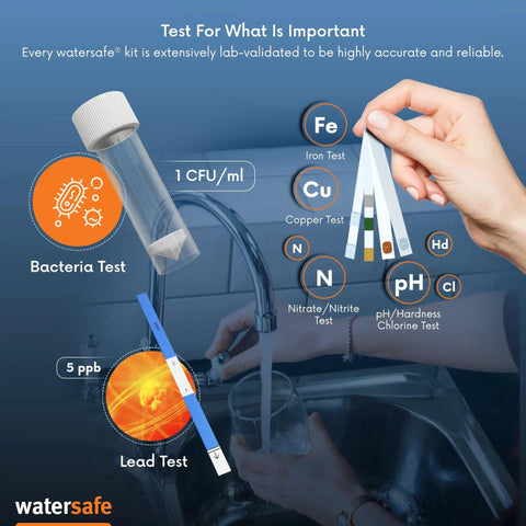 At Home Water Test Kit For Drinking Well And Tap Water With Lead Bacteria Hardness PH Nitrates And More, Easy To Follow Instructions And Lab Accurate Results In One Complete Kit